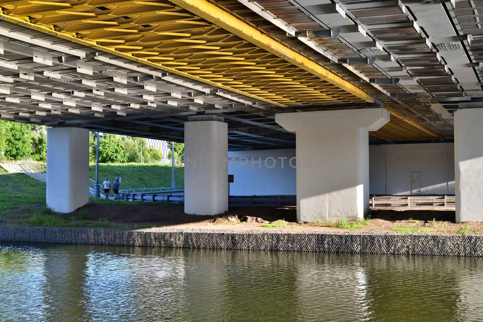 Moscow, Russia - July 30. 2023. Automobile bridge across river Skhodnya to Zelenograd