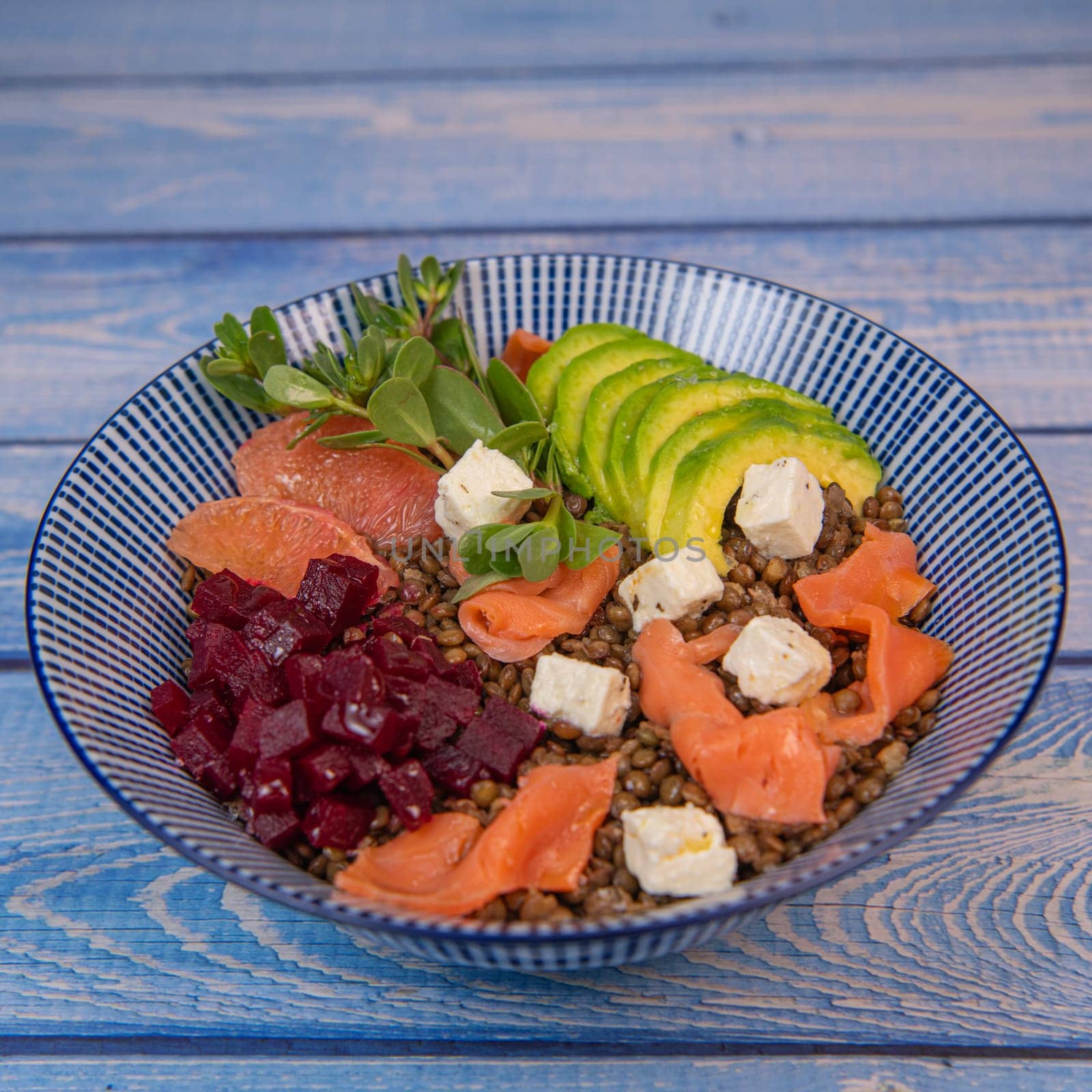 RECIPE SUMMER SALAD LENTILS AVOCADO SALMON, BEET CHEESE PURSLANE, GRAPEFRUIT,High quality photo