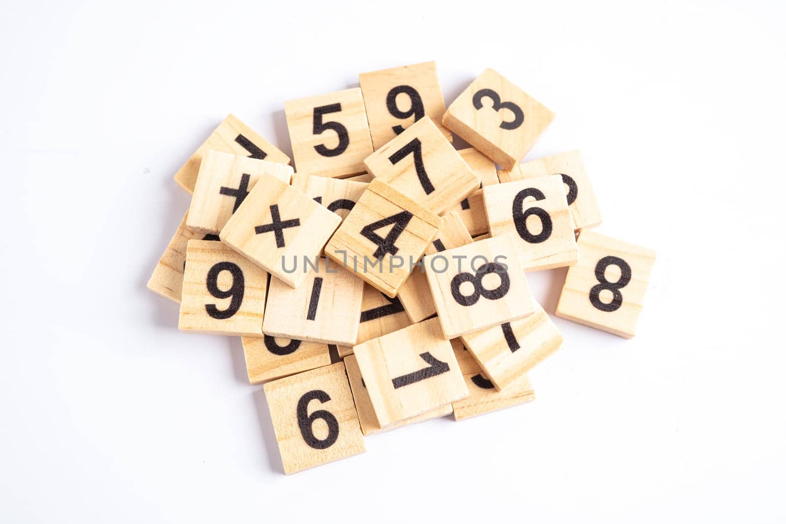 Math number wooden on white background, education study mathematics learning teach concept. by pamai