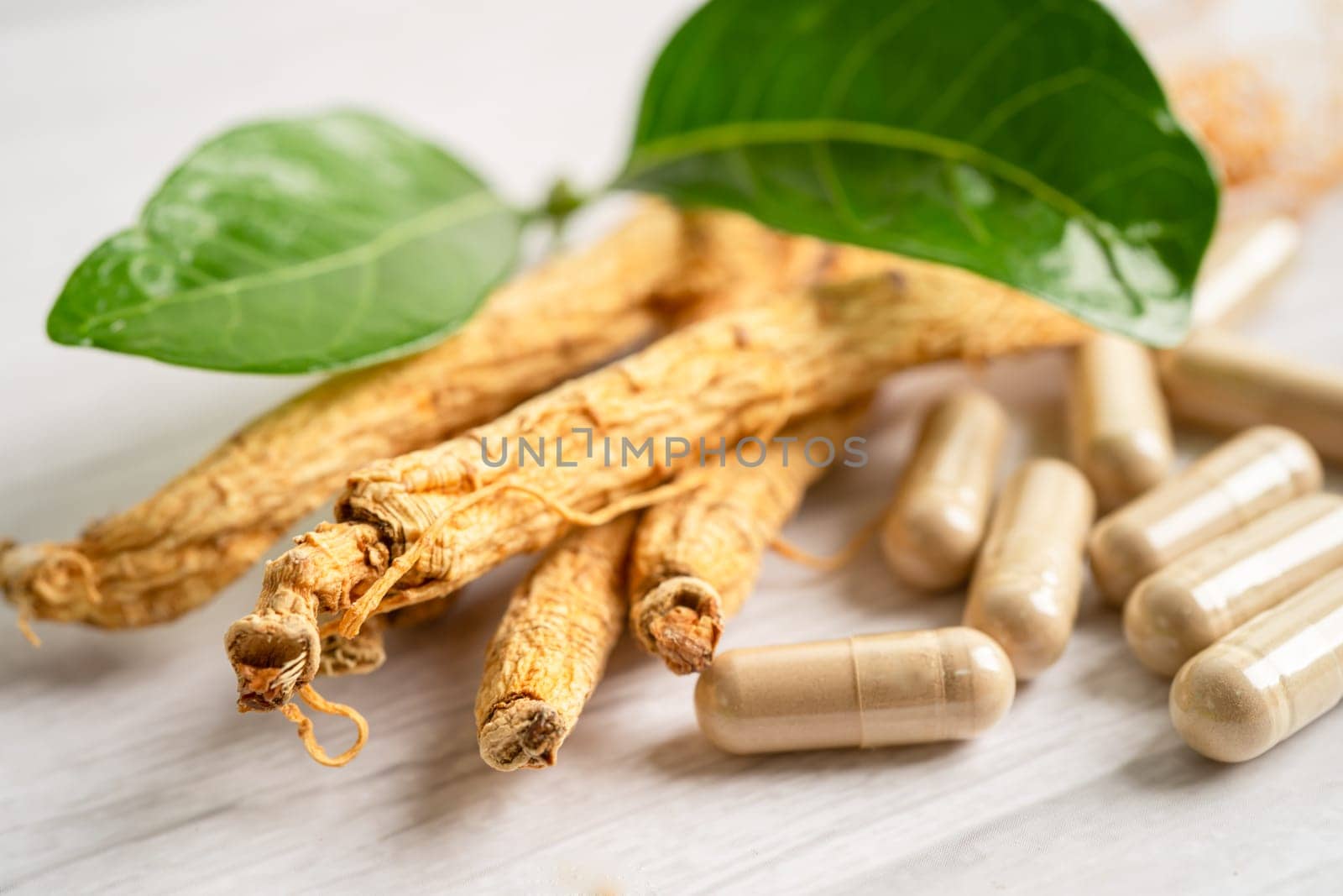 Ginseng, dried vegetable herb. Healthy food famous export food in Korea country.