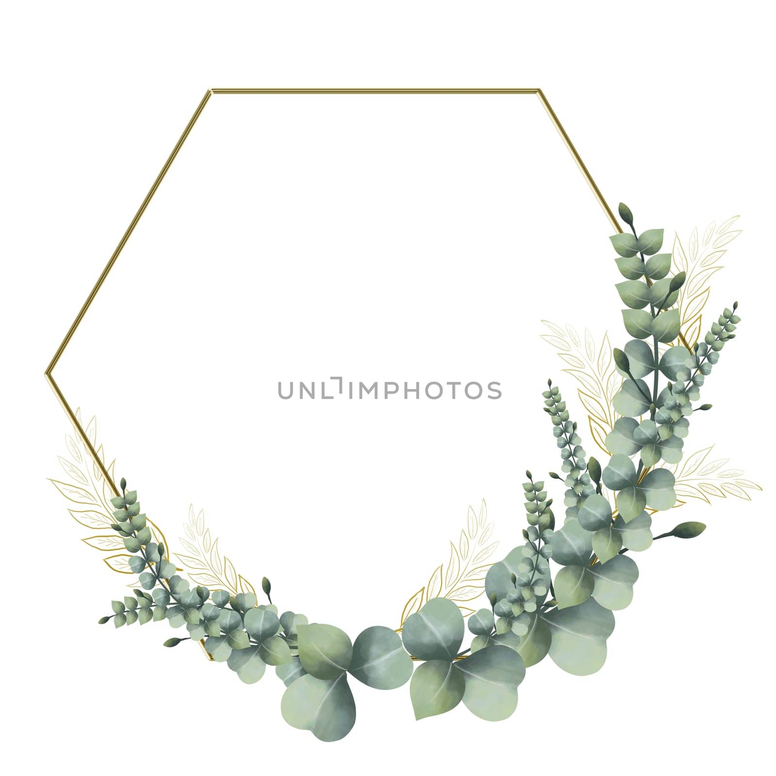 frame golden hexagon vintage leaves watercolor hand drawn golden frame line art on white background isolate