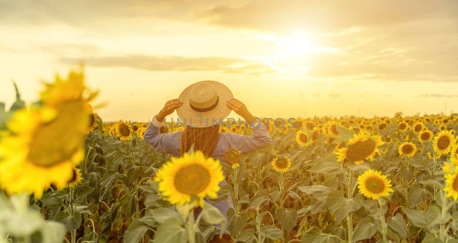Woman sunflower field. Happy girl in blue dress and straw hat posing in a vast field of sunflowers at sunset. Summer time. by Matiunina