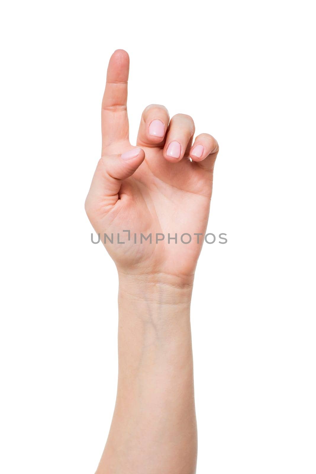 Hand touching virtual screen isolated on white background. Female hand doing a number one gesture.