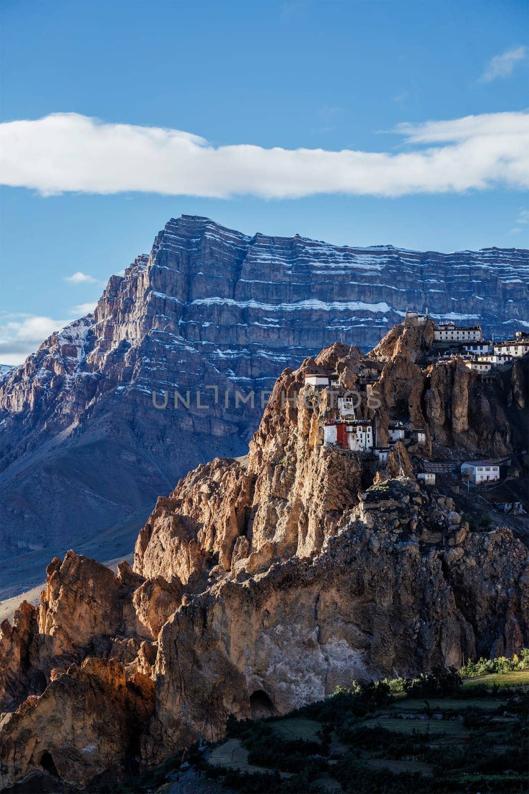 Dhankar monastry perched on a cliff in Himalayas. Dhankar, Spiti Valley, Himachal Pradesh, India