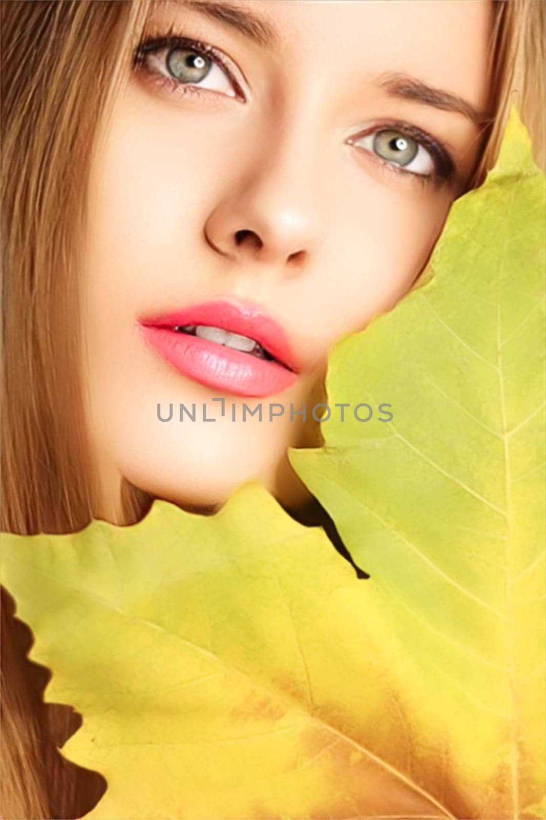 Beauty, autumn makeup and hairstyle, autumnal face portrait of beautiful woman, natural makeup and hair styling for skincare cosmetics, hair care, glamour style and fashion look by Anneleven