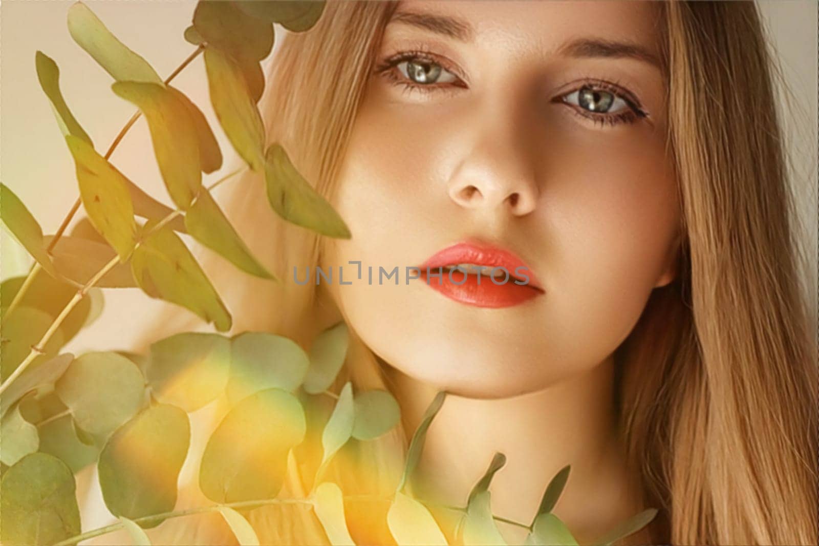 Beauty, makeup and hairstyle, face portrait of beautiful woman with green leaves branch, red lipstick makeup for skincare cosmetics and fashion look by Anneleven