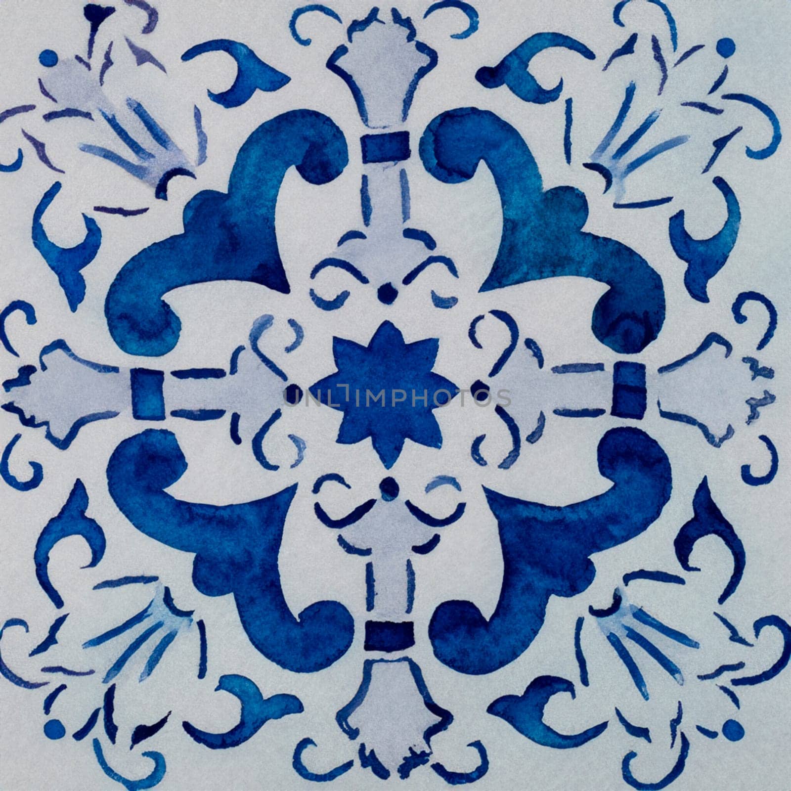 Watercolor illustration of portuguese ceramic tiles pattern. Single square tile.