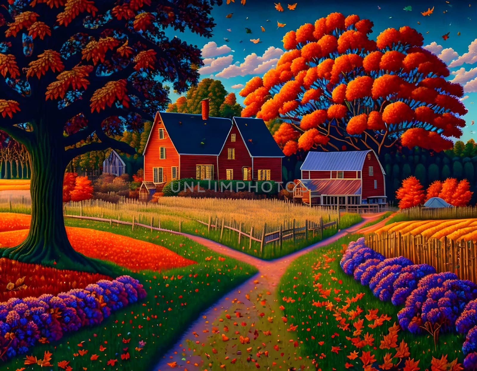 Cute countryside village ways with little houses by colorful autumn sunset - Generative AI