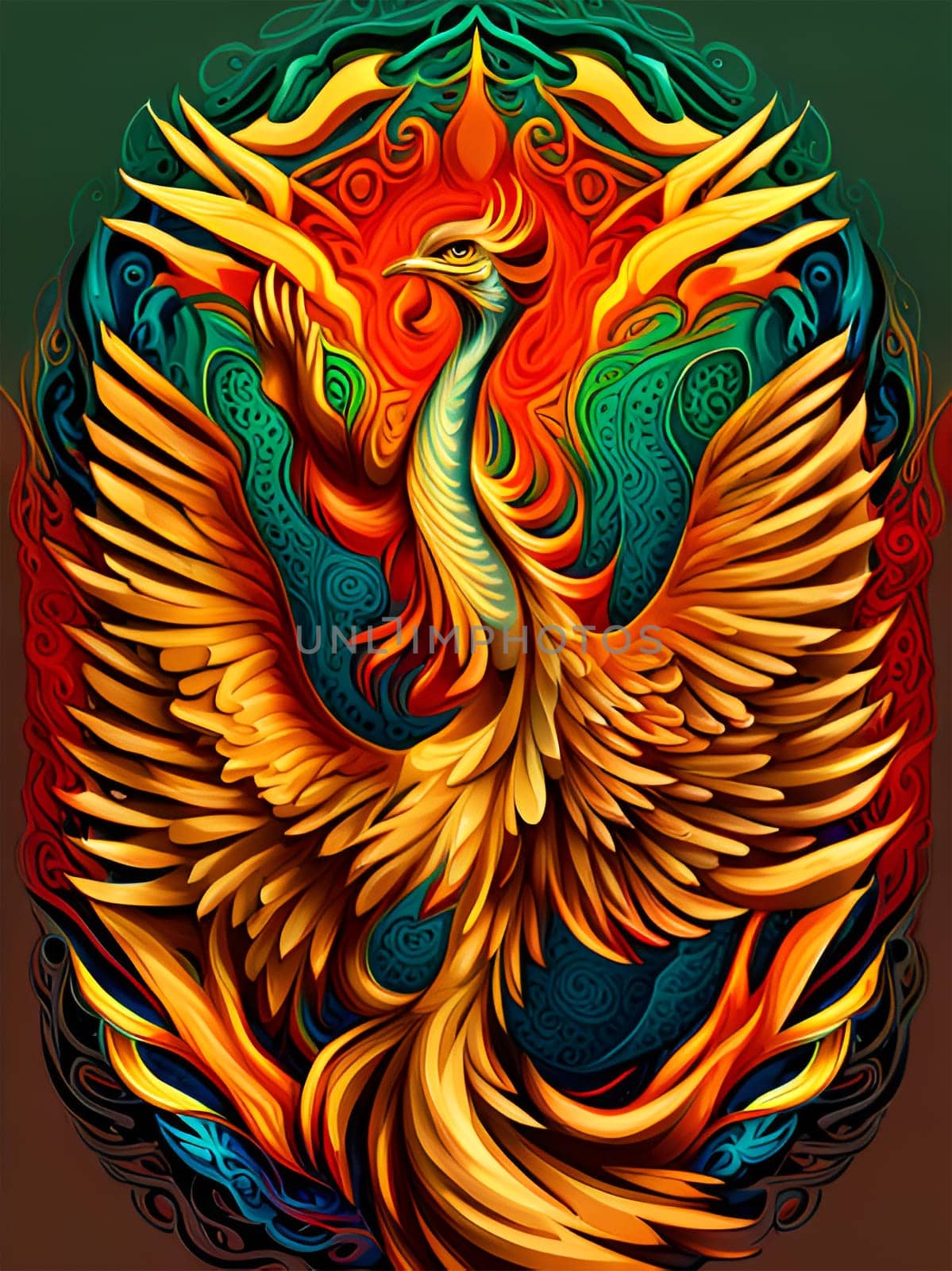 Colorful fantastic phoenix bird, symbol of rebirth - Generative AI