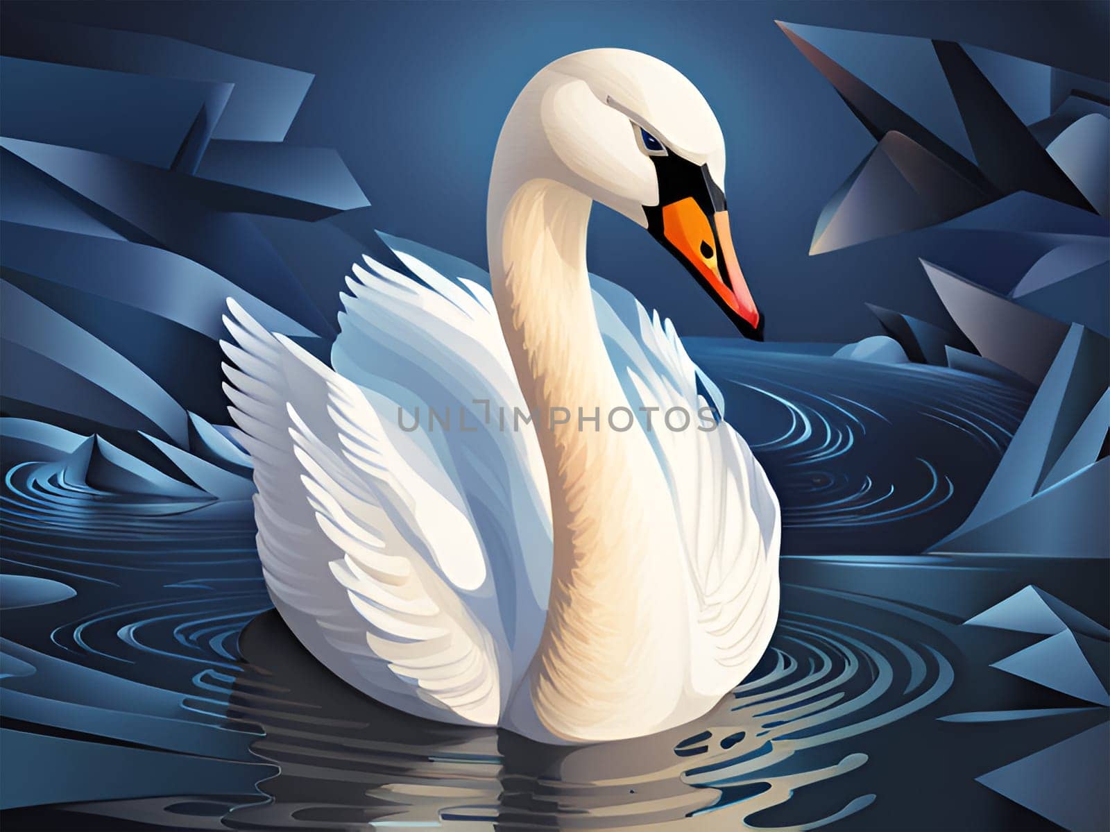 Fantasy swan portrait in deep blue water background - Generative AI