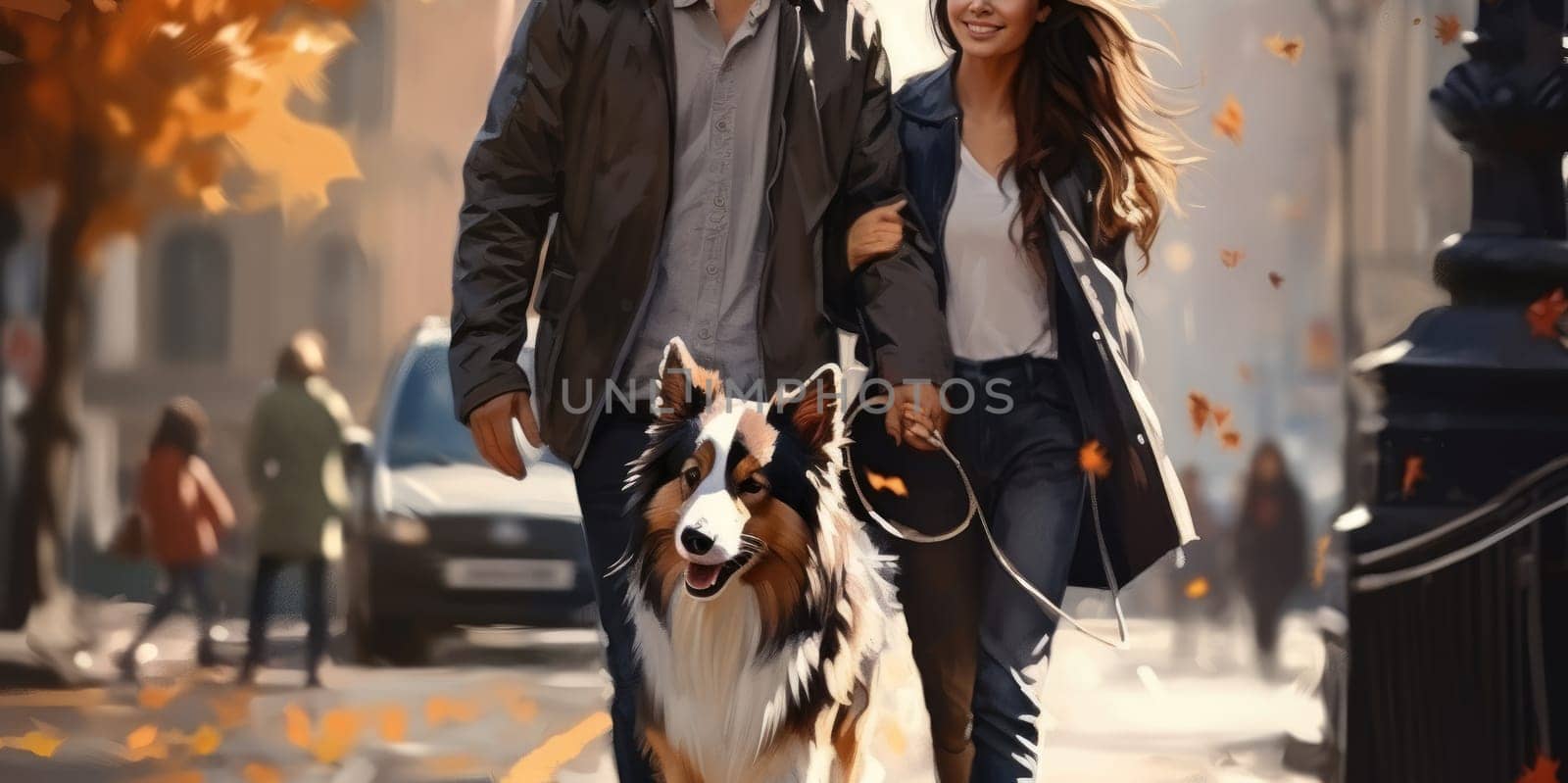 young couple walking dog in the city in autumn day, AI Generated by Desperada