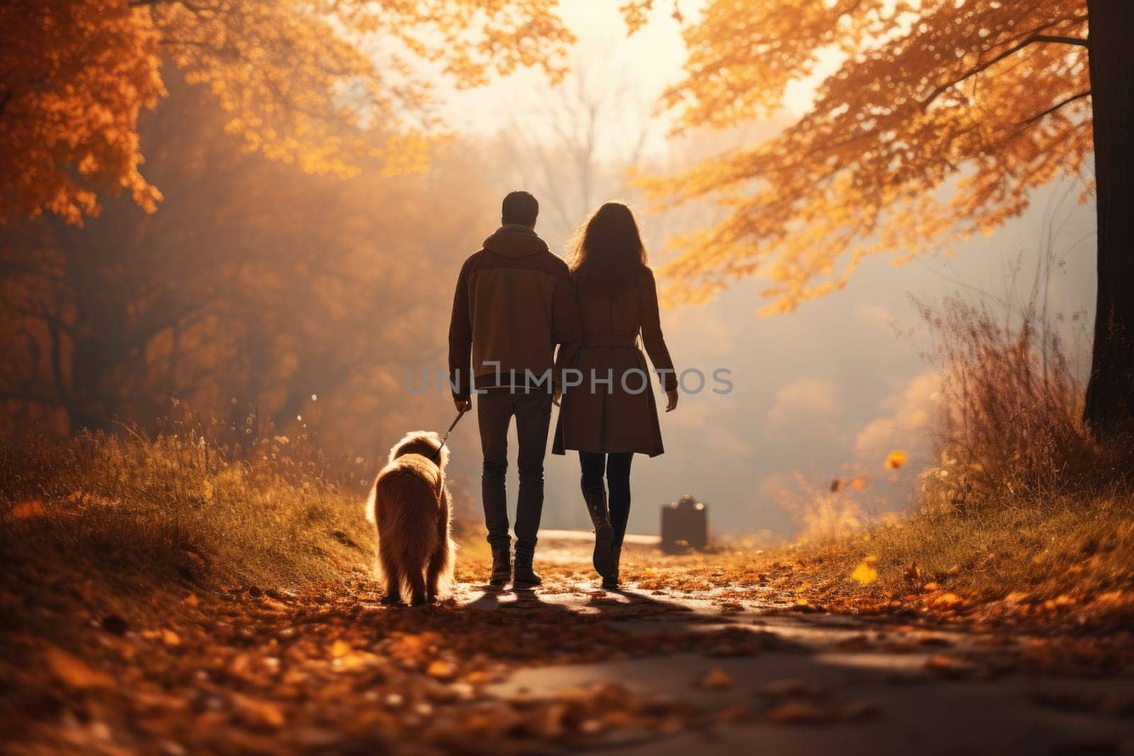 young couple walking dog in the park in autumn day, AI Generated by Desperada