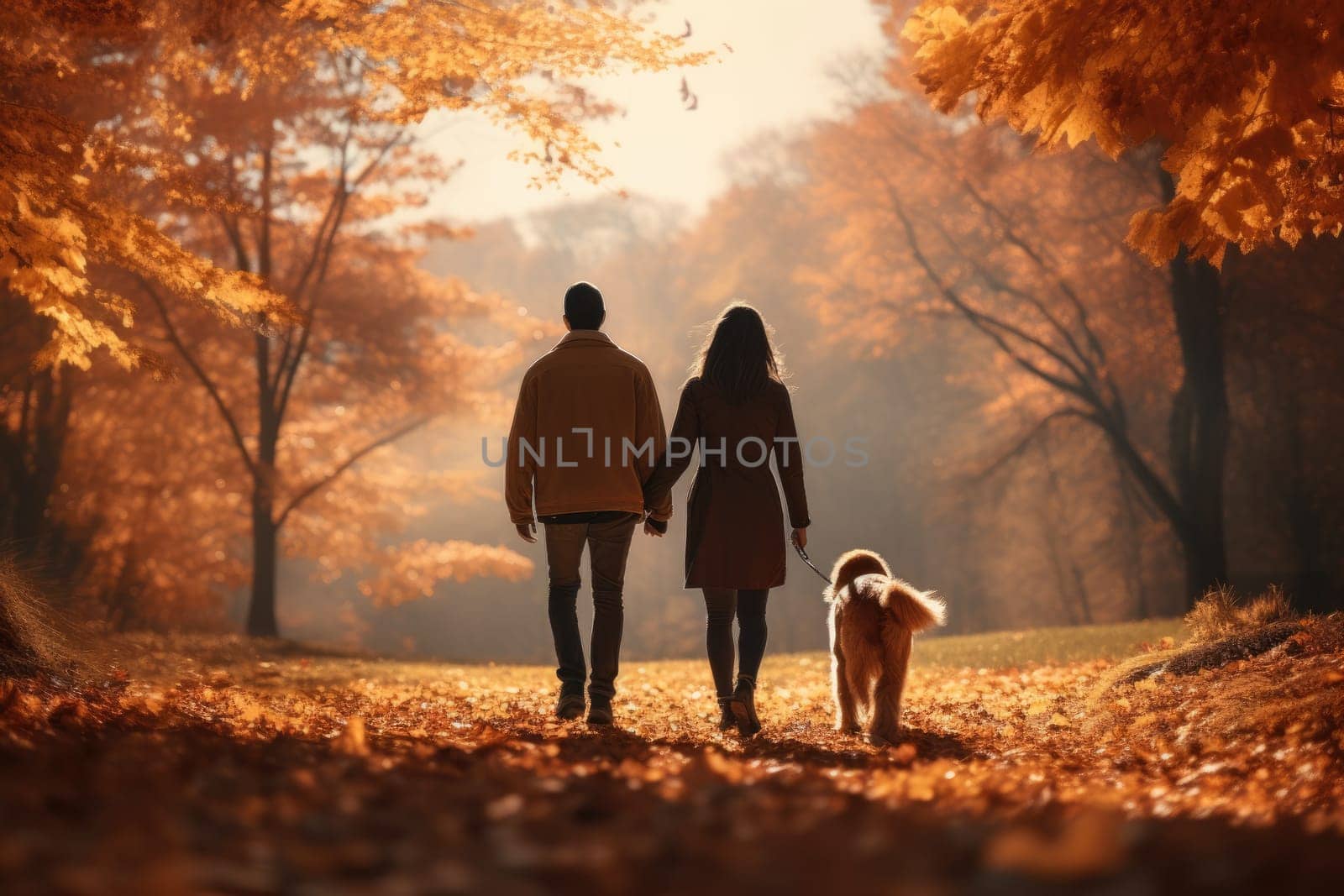 young couple walking dog in the park in autumn day, AI Generated by Desperada