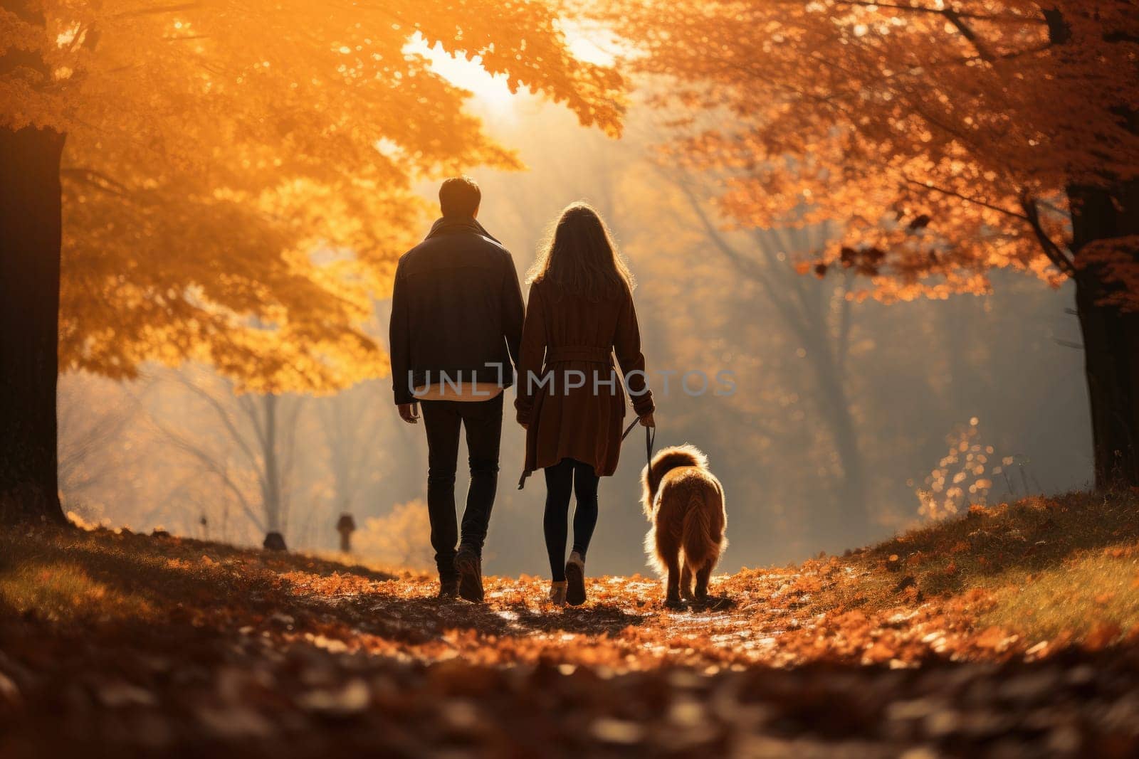 young couple walking dog in the park in autumn day, sun shines, AI Generated