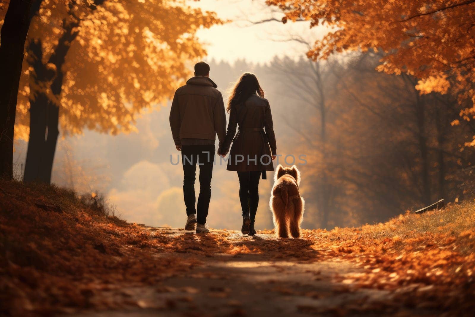 young couple walking dog in the park in autumn day, AI Generated by Desperada