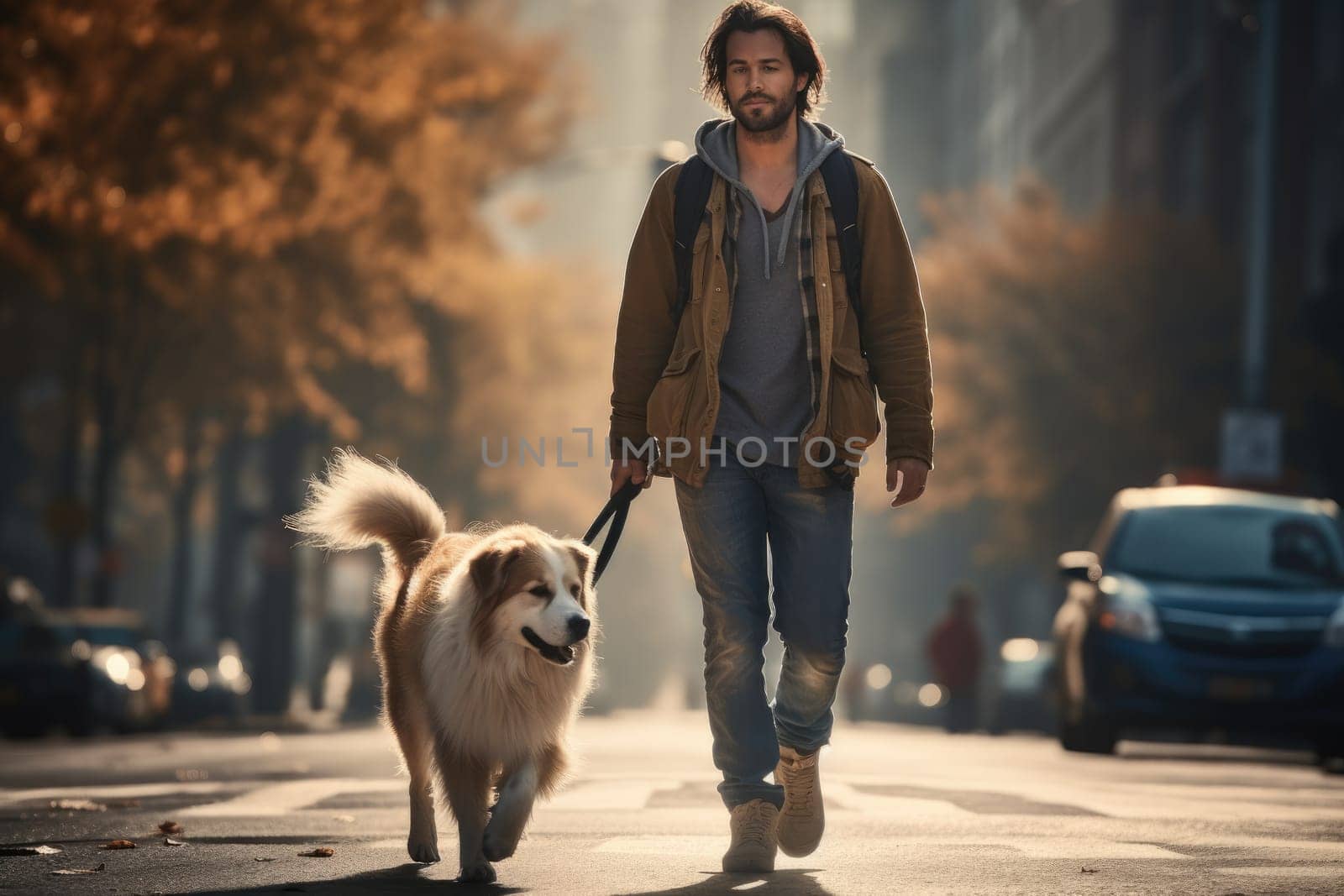 young man walking dog in the city in autumn day after rain, AI Generated
