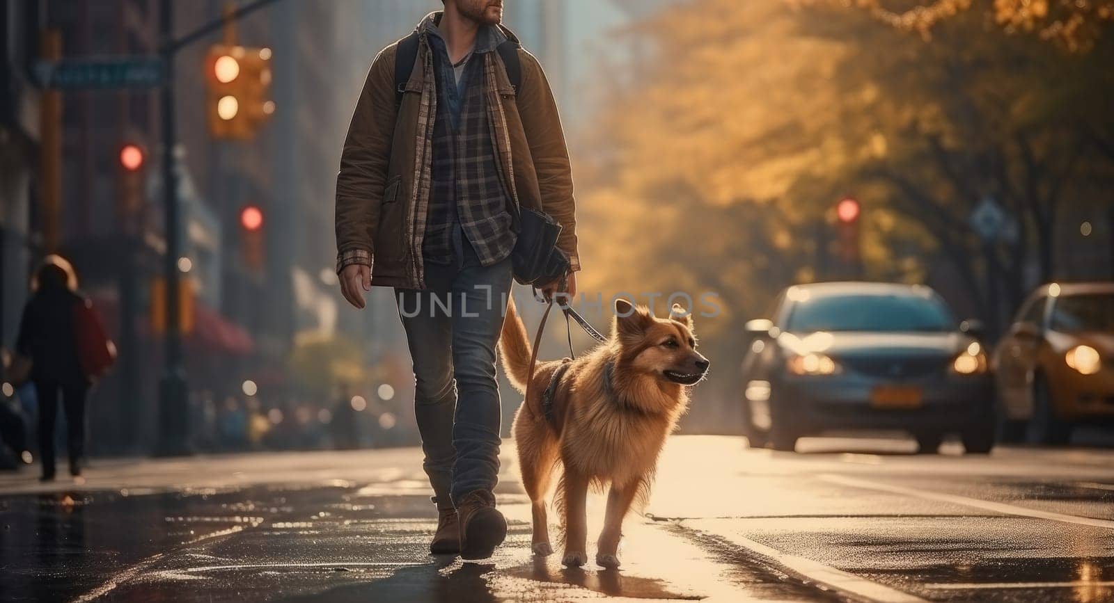 young man walking dog in the city in autumn day after rain, AI Generated