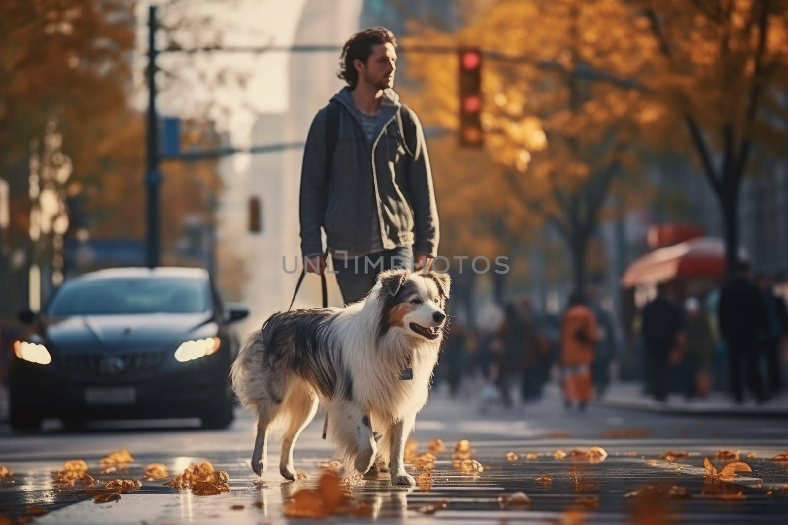 young man walking dog in the city in autumn day after rain, AI Generated