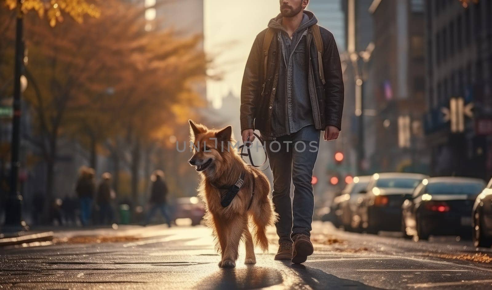 young man walking dog in the city in autumn day after rain, AI Generated