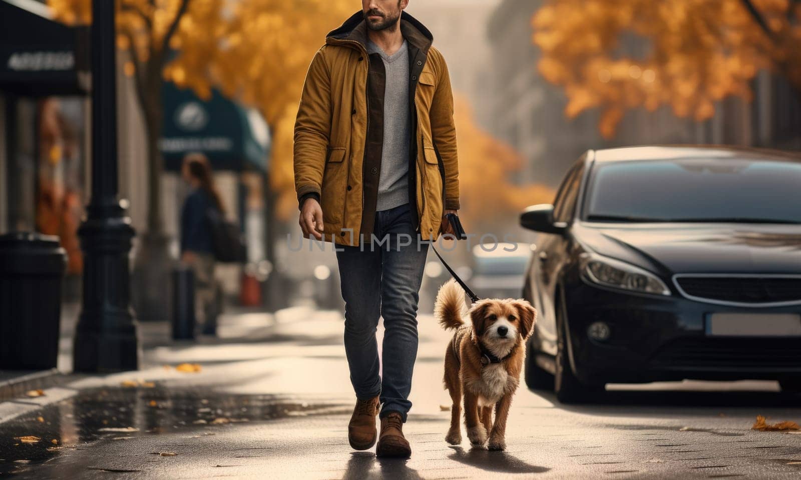 young man walking dog in the city in autumn day after rain, AI Generated