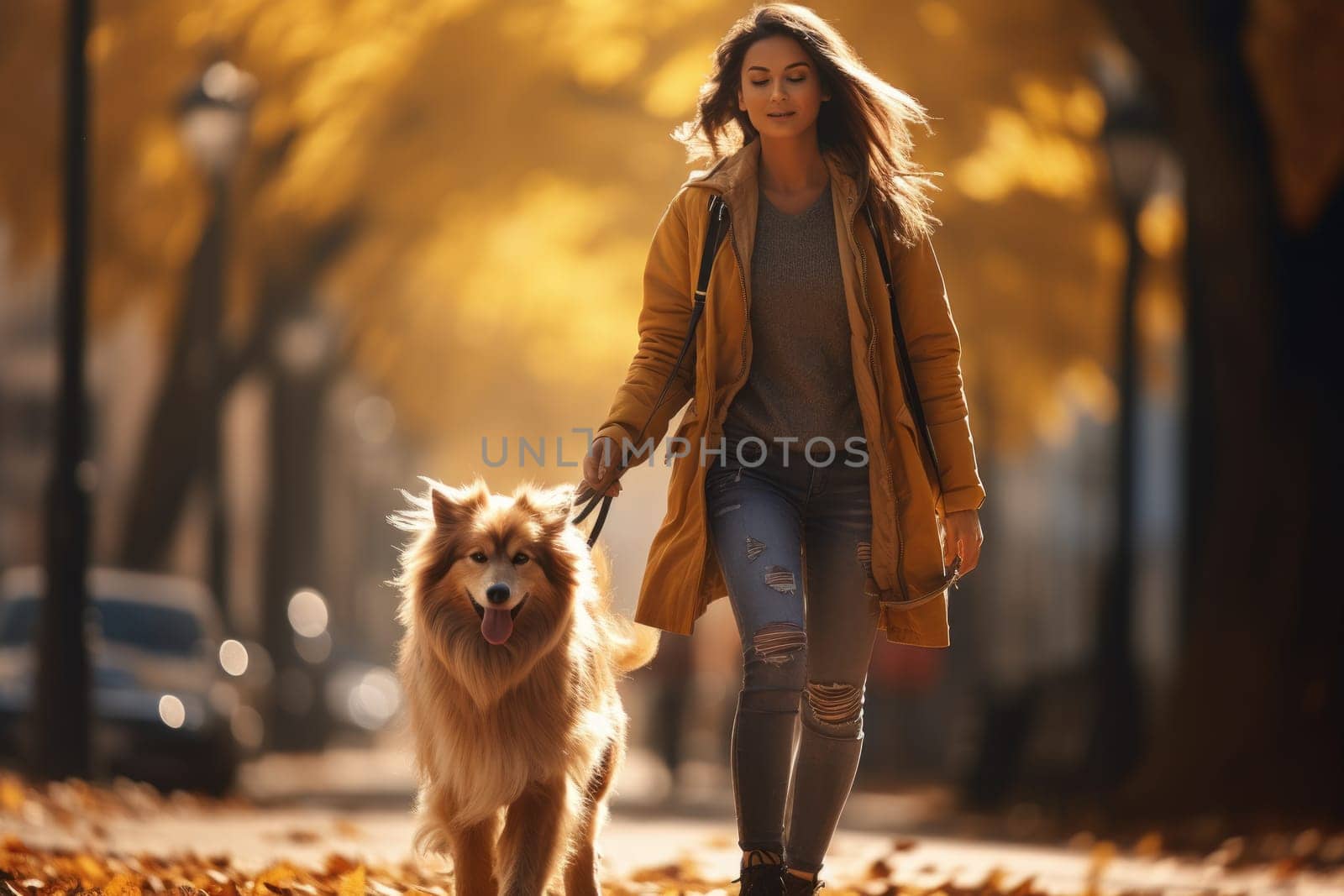 young woman walking her dog in the park in autumn day, view from behind, AI Generated