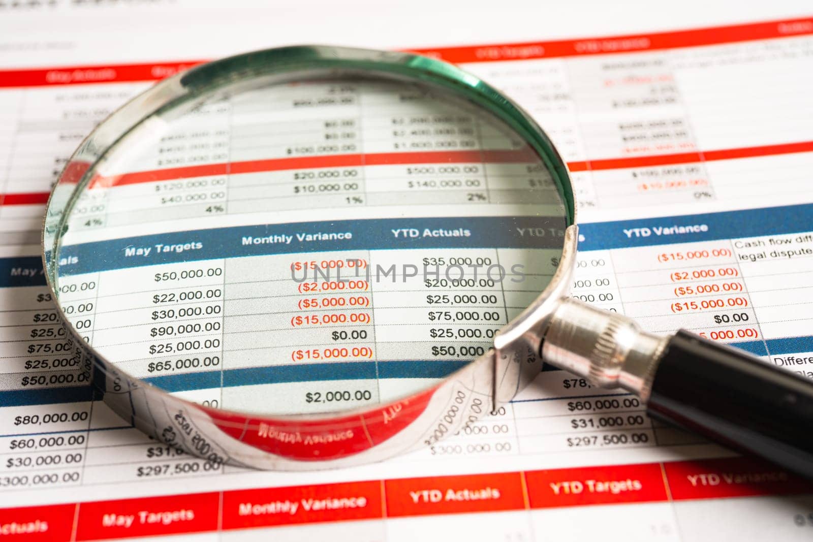 Magnifying glass on spreadsheet and graph paper. Financial, Banking Account, data economy, Business concept.