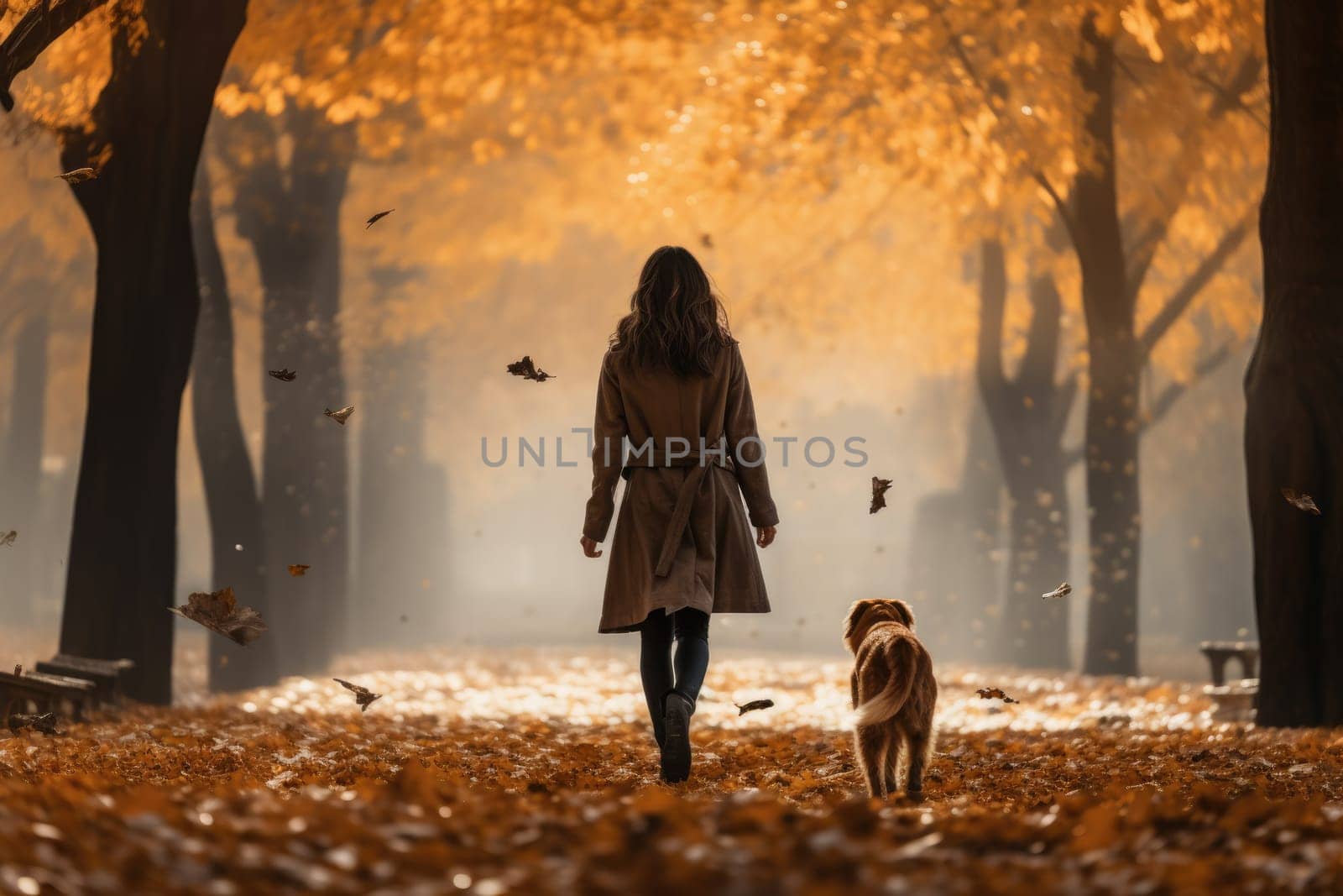 young woman walking her dog in the park in autumn day, view from behind, AI Generated