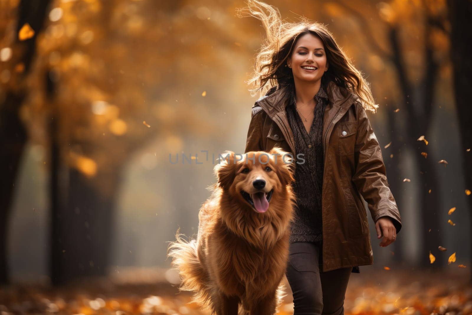 young woman walking her dog in the park in autumn day, view from behind, AI Generated