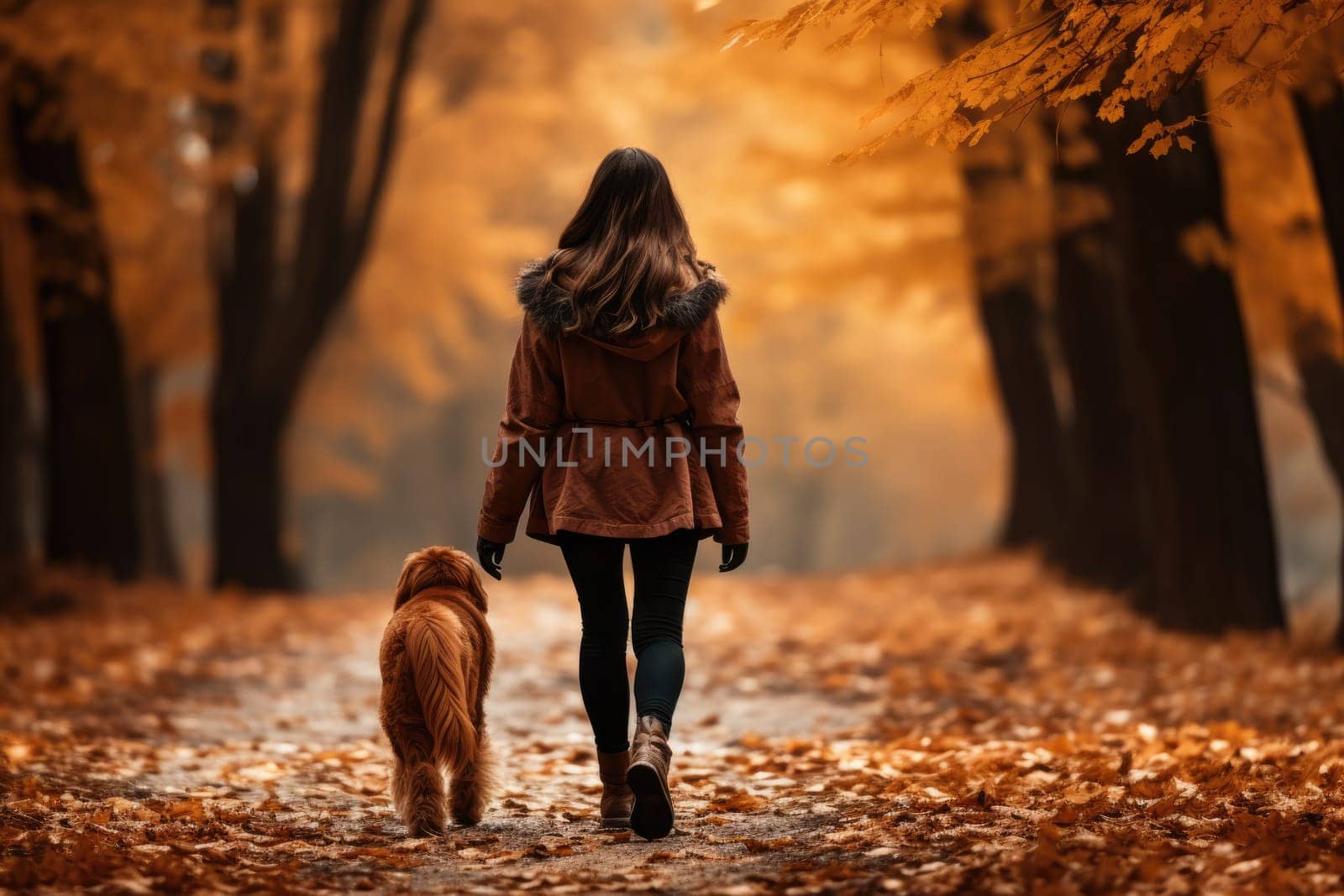 young woman walking her dog in the park in autumn day, view from behind, AI Generated