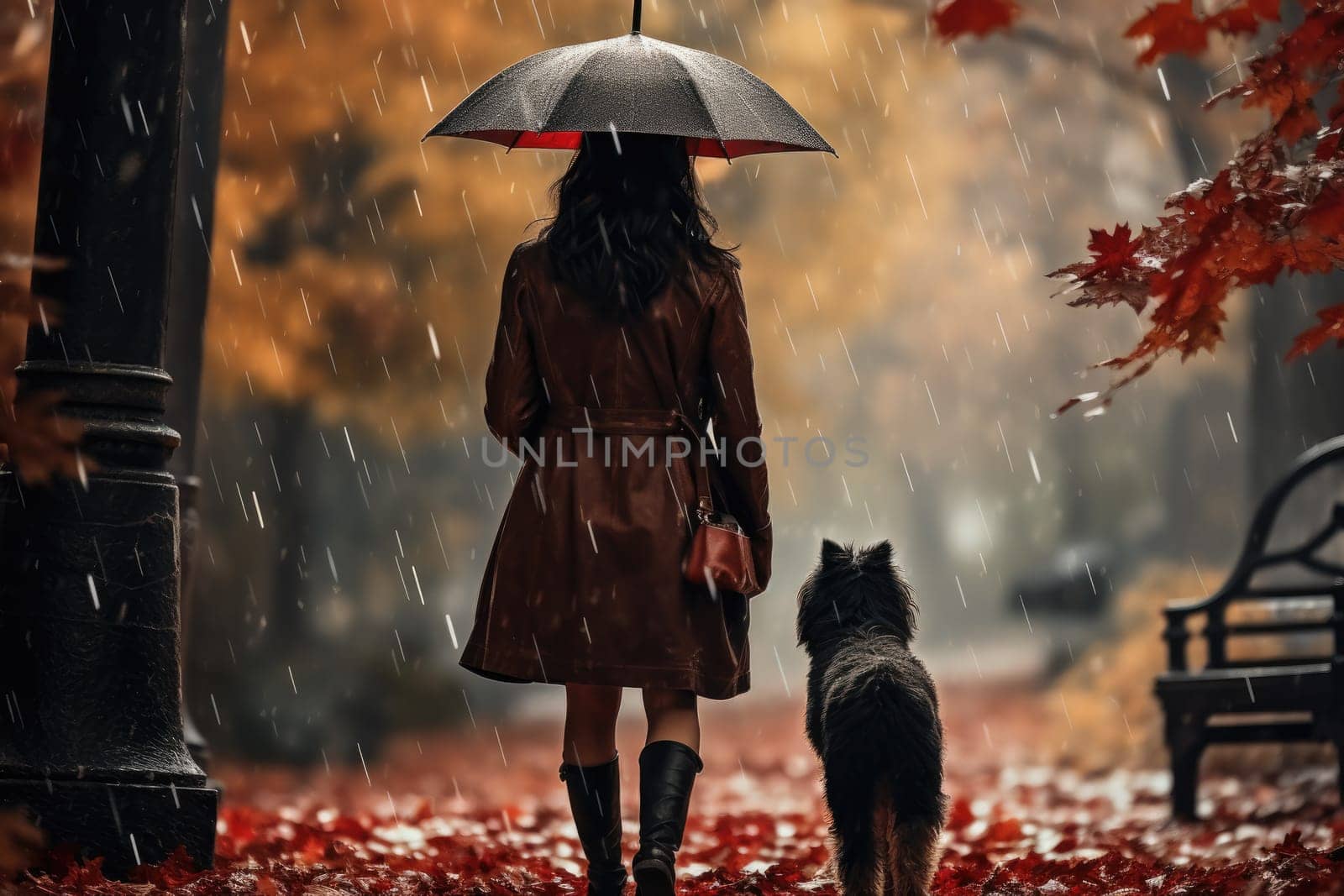 young woman walking her dog in the park in rainy autumn day, sun shines, AI Generated