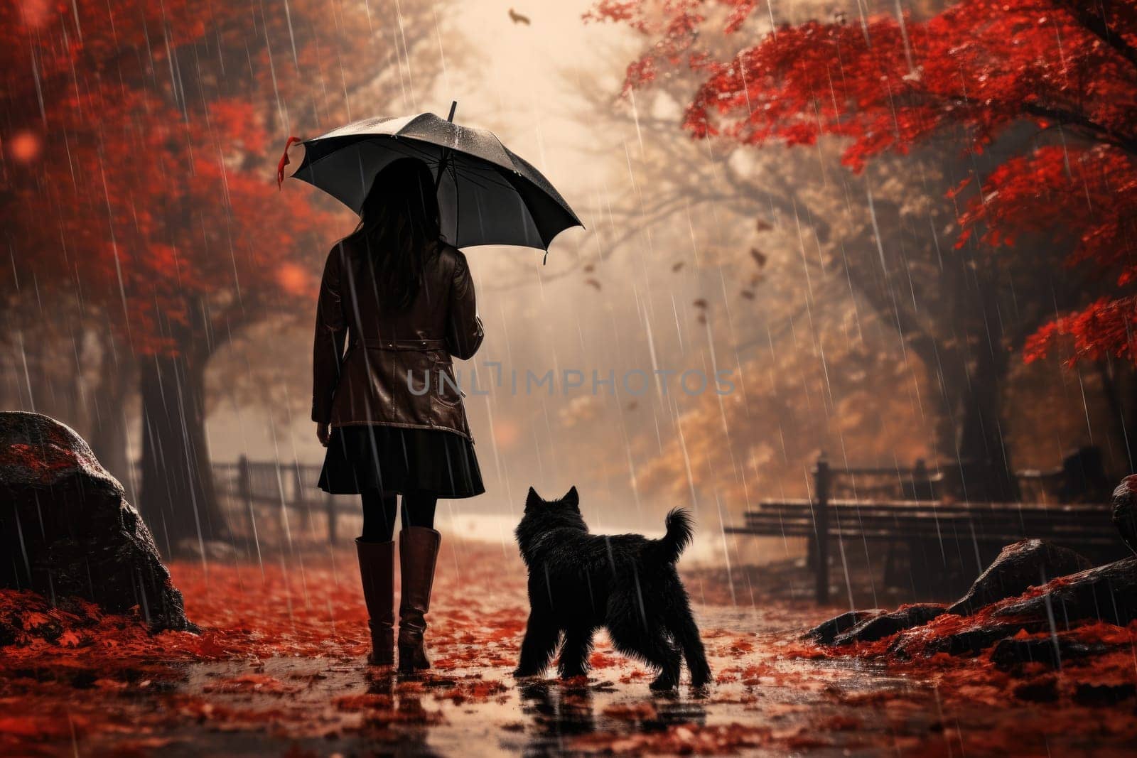 young woman walking her dog in the park in rainy autumn day, sun shines, AI Generated