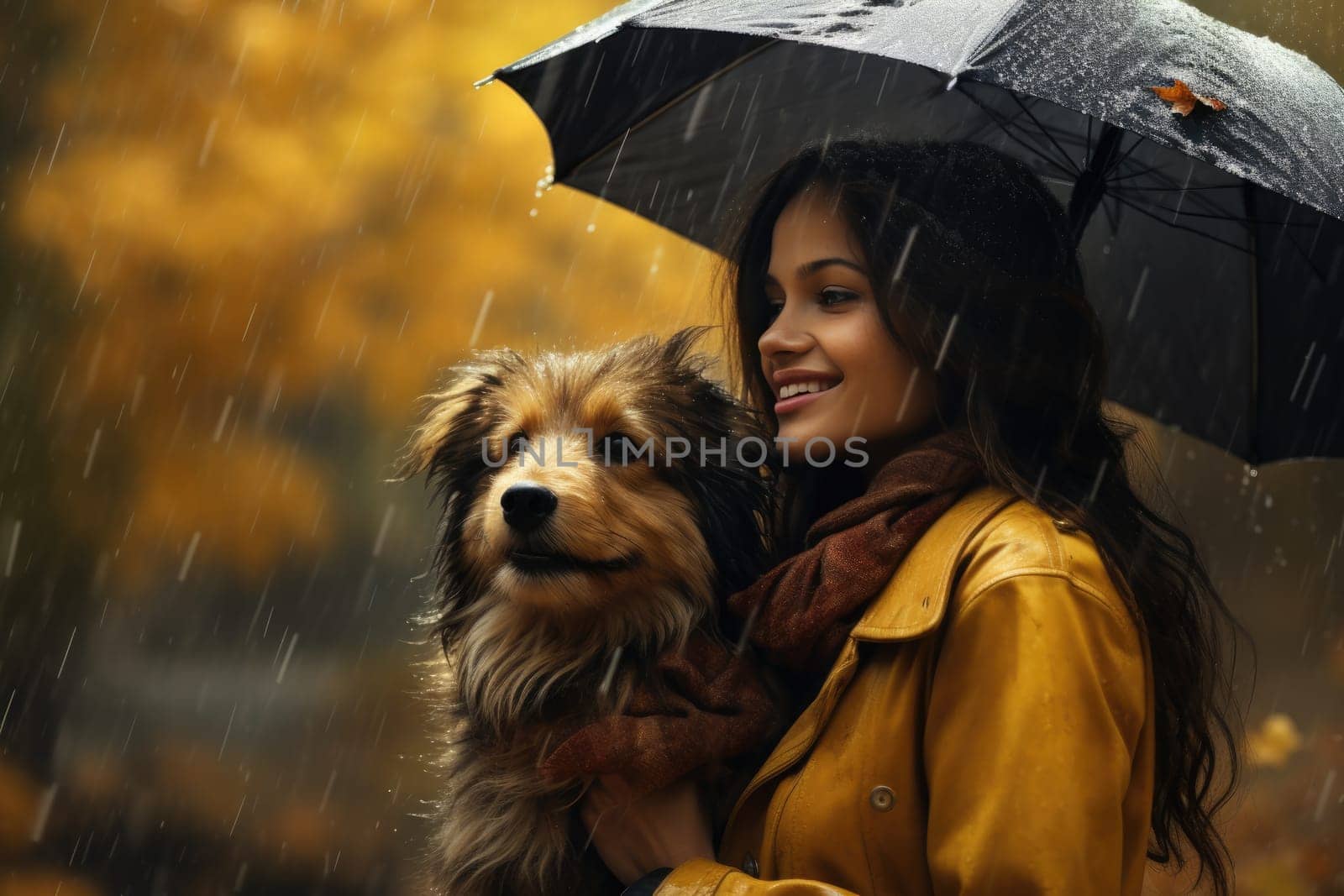 portrait of young woman walking her dog in the park in autumn rainy day, holding umbrella, AI Generated