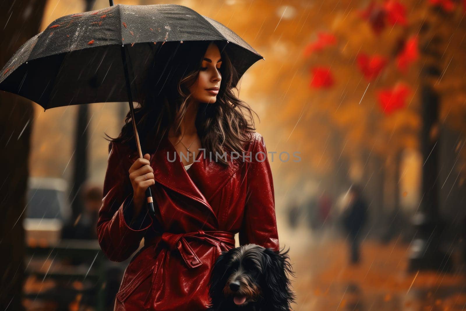 portrait of young woman walking her dog in the park in autumn rainy day, holding umbrella, AI Generated