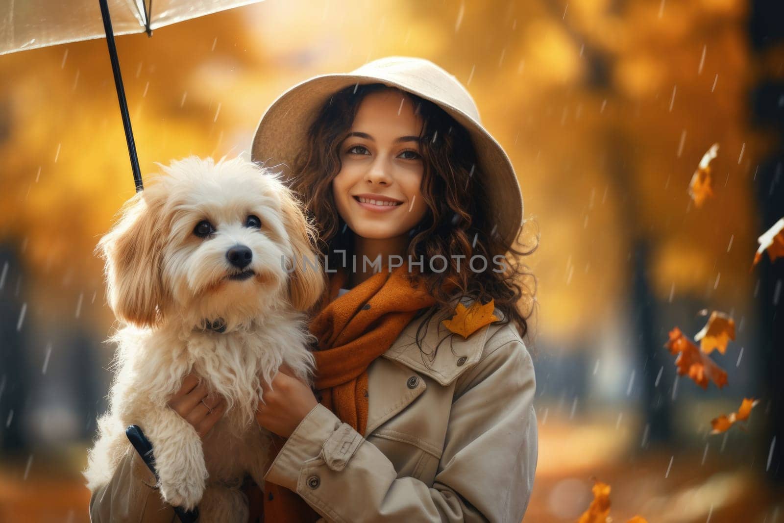 portrait of young woman walking her dog in the park in autumn rainy day, holding umbrella, AI Generated