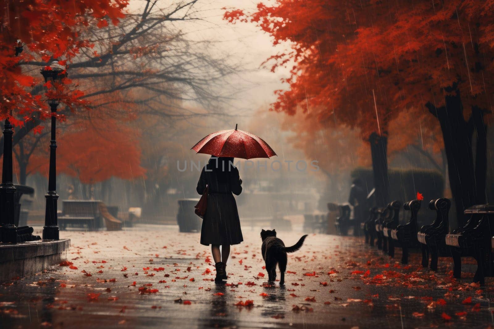 young woman walking her dog in the park in rainy autumn day, sun shines, AI Generated