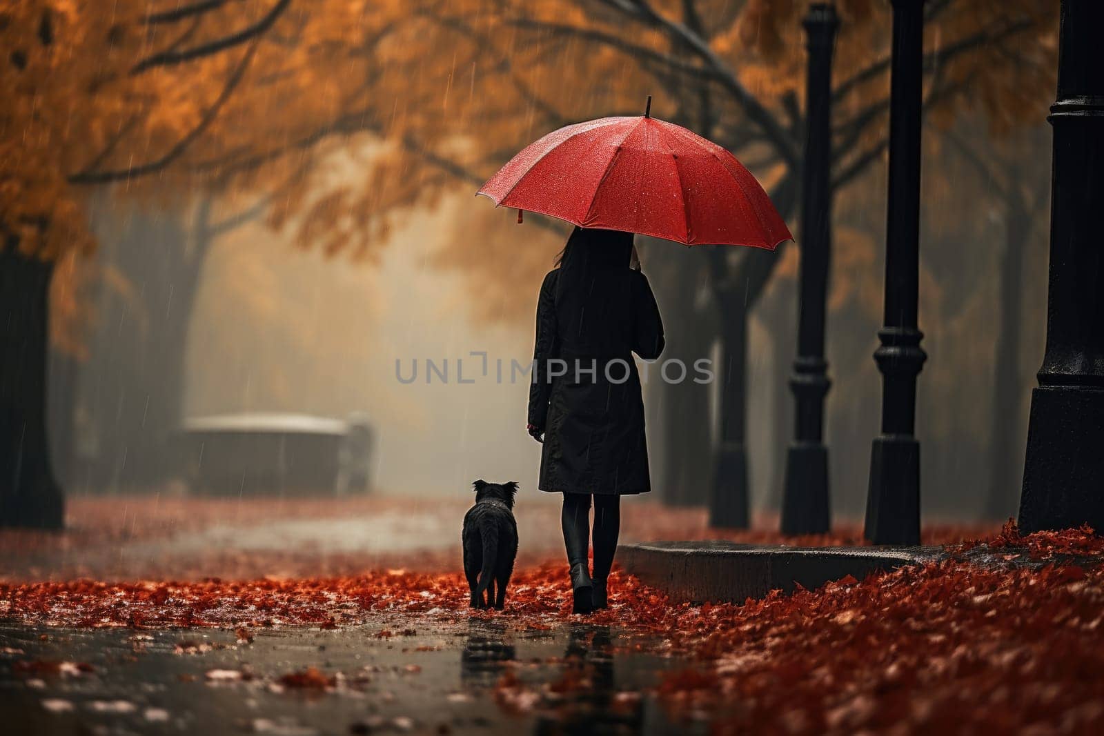 young woman walking her dog in the park in rainy autumn day, sun shines, AI Generated