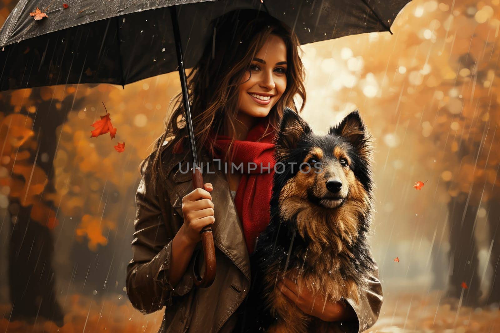 portrait of young woman walking her dog in the park in autumn rainy day, holding umbrella, AI Generated