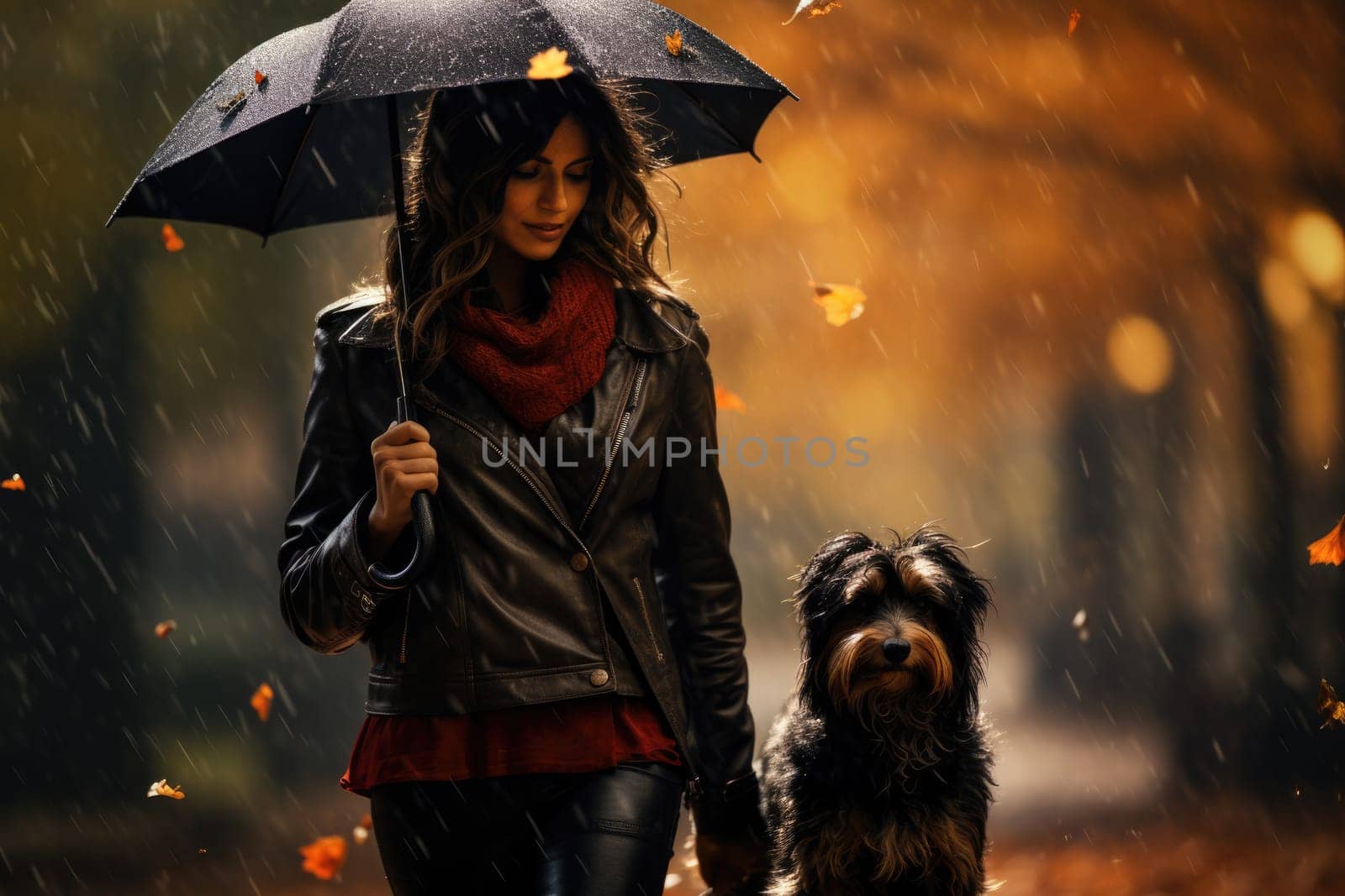 portrait of young woman walking her dog in the park in autumn rainy day, holding umbrella, AI Generated