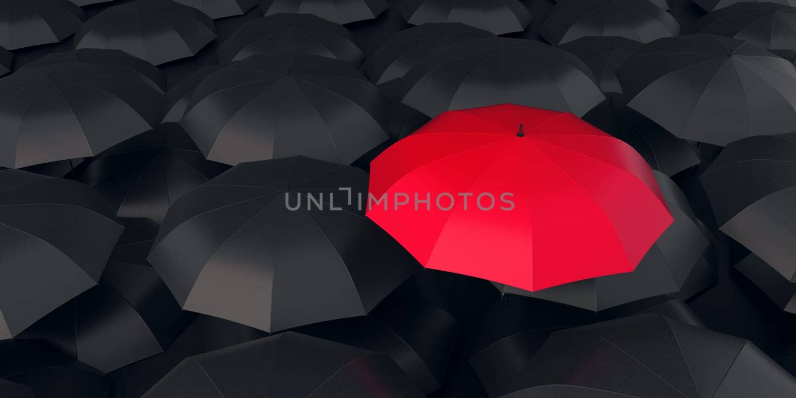 Red umbrella stand out from the crowd of many black umbrellas. Individual thinking concept. 3D rendering.