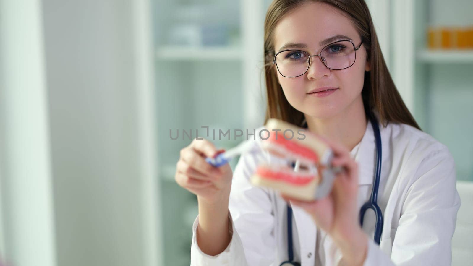 Woman dentist holds model of jaws and toothbrush in hands. Dentist shows how to brush teeth correctly