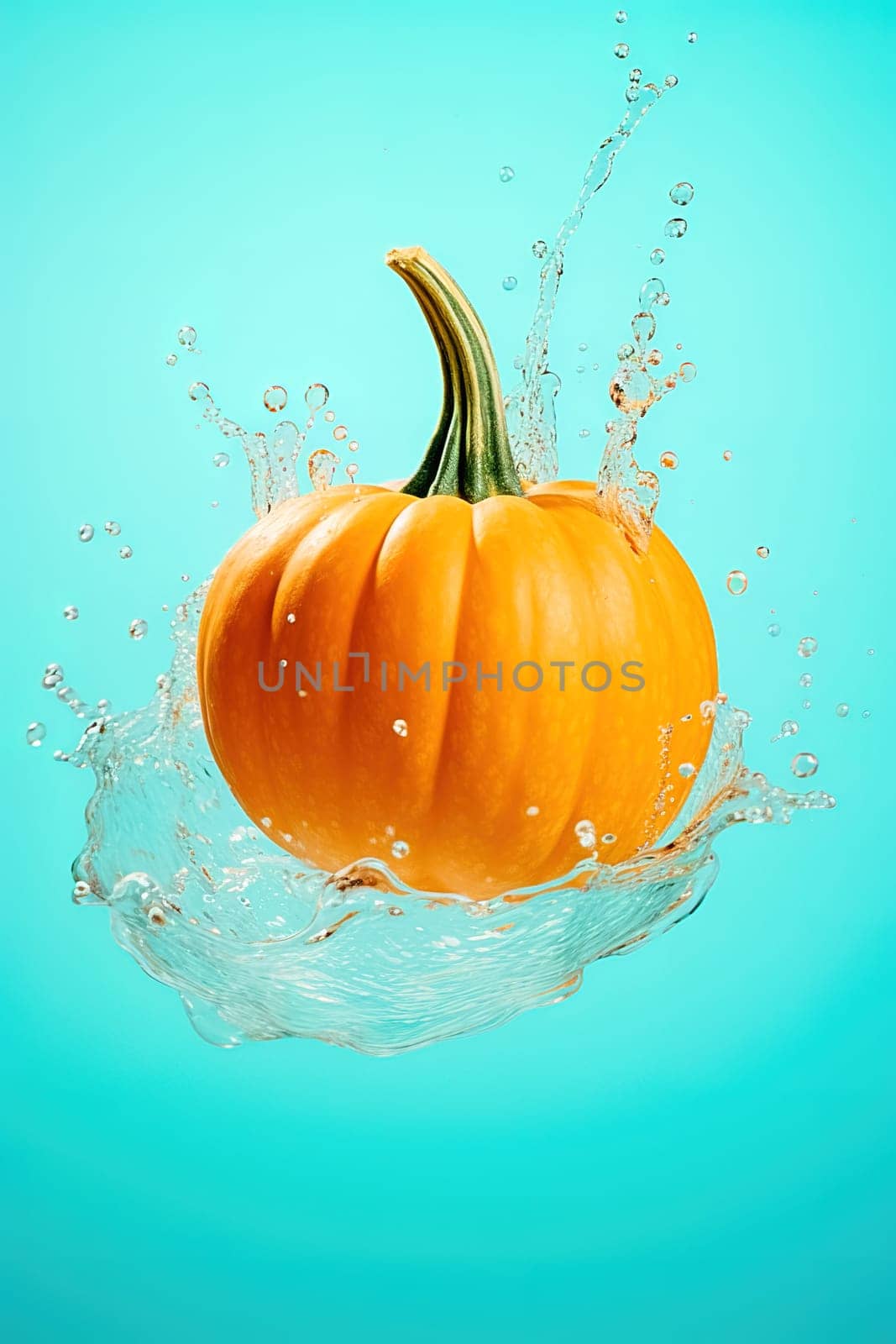 Pumpkin fruit with splashes of water on a blue background. High quality photo