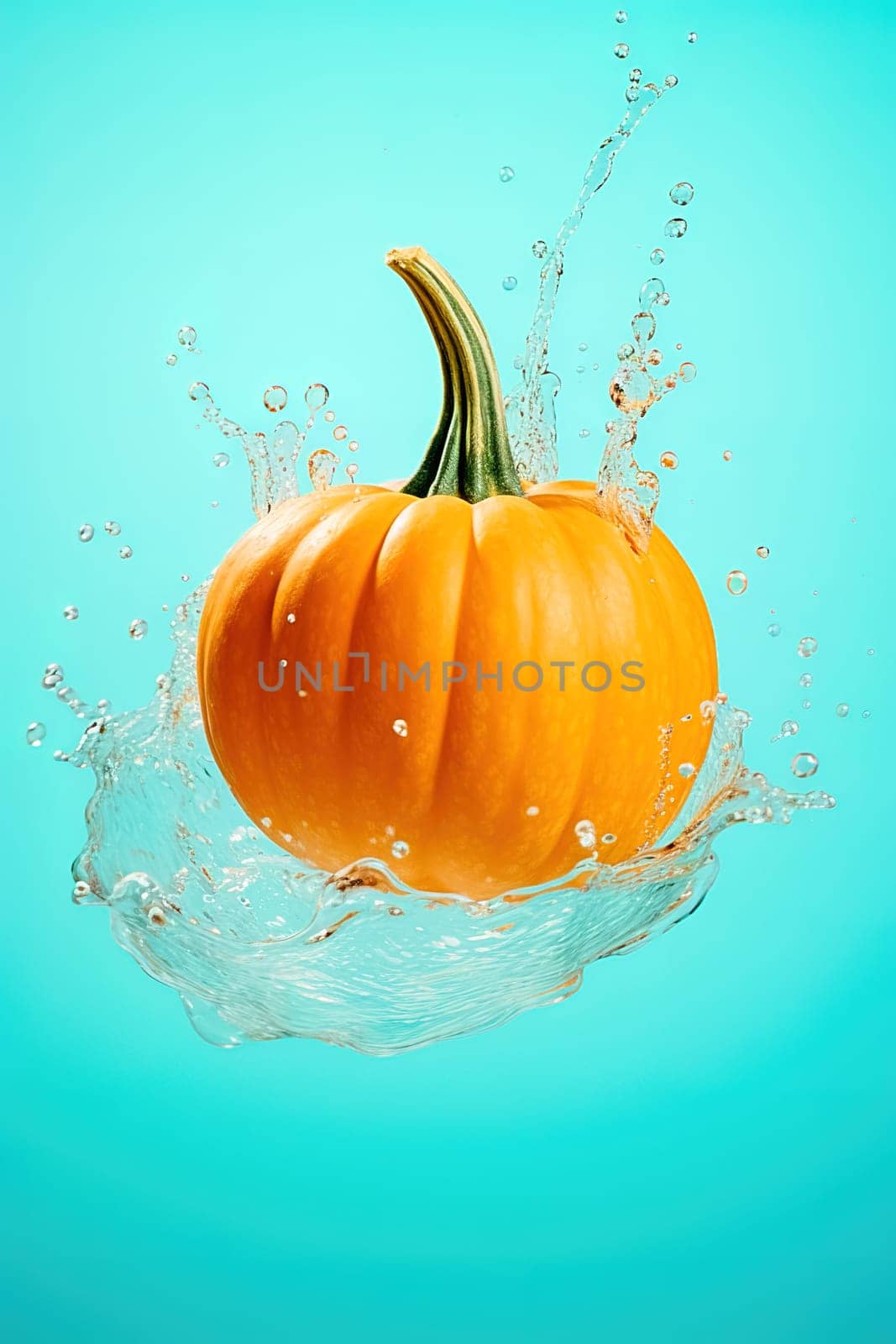 Pumpkin fruit with splashes of water on a blue background. High quality photo