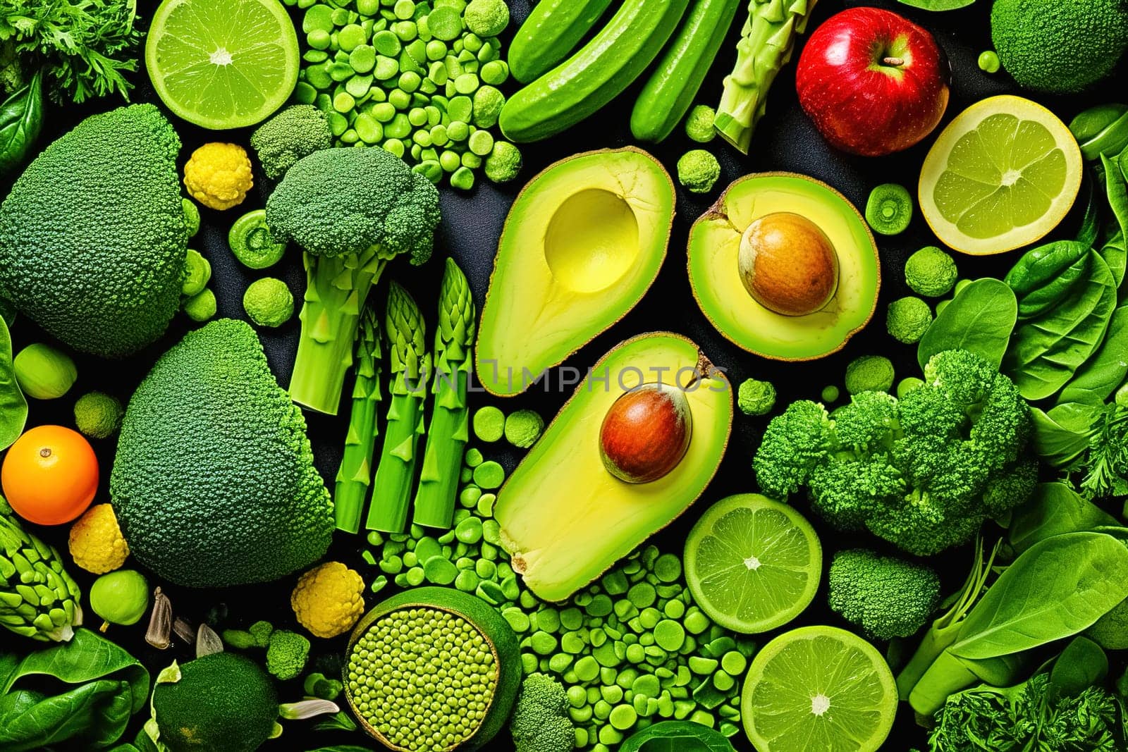 Assorted green vegetables and fruits. View from above. High quality photo