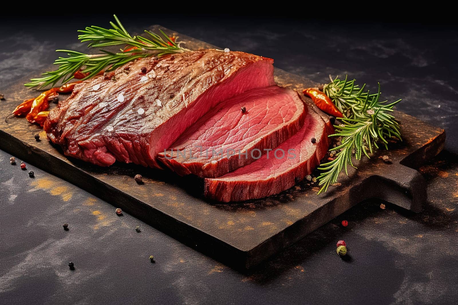 A piece of baked meat with chopped slices, on a dark background. High quality photo