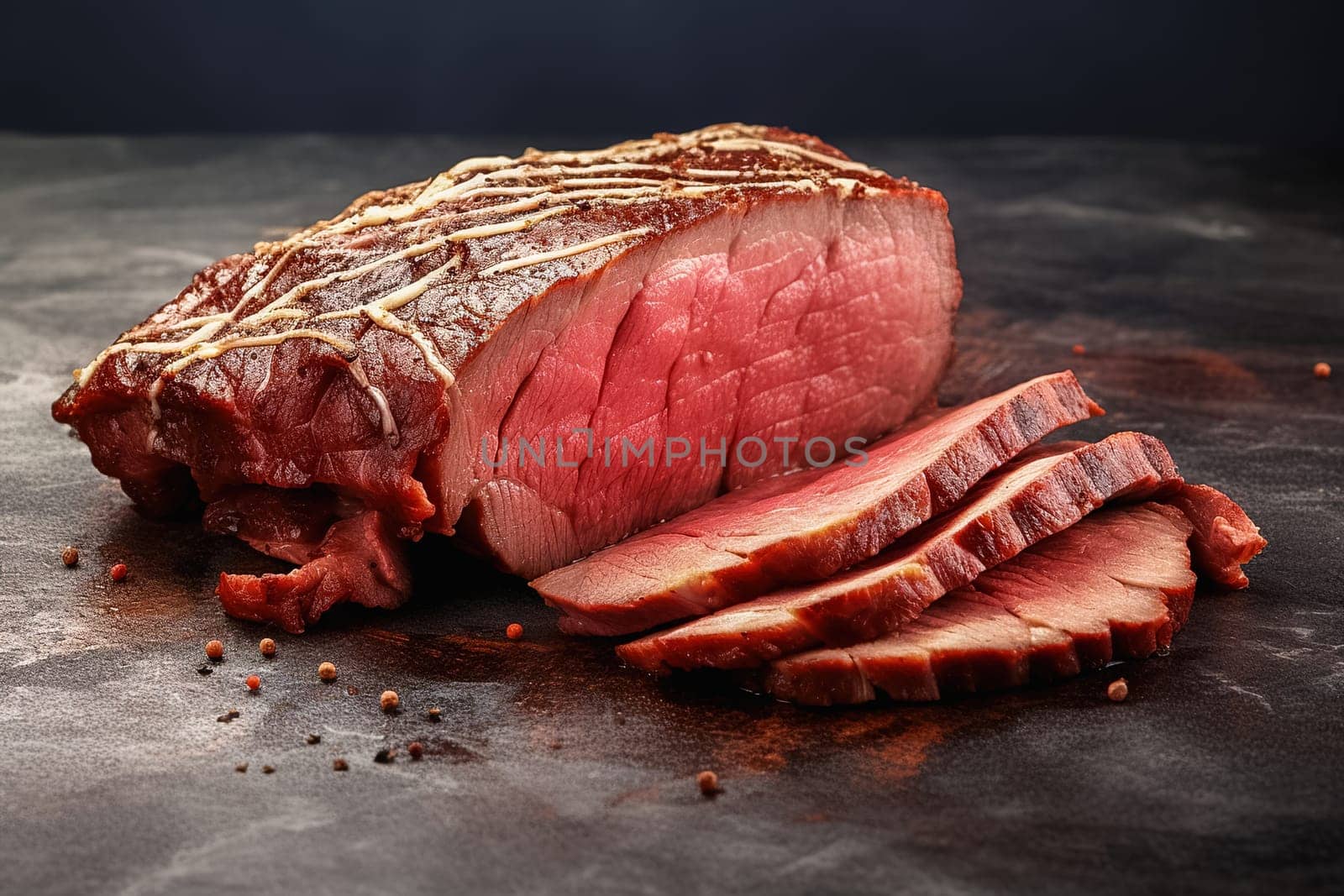 A piece of baked meat with chopped slices, on a dark background. High quality photo