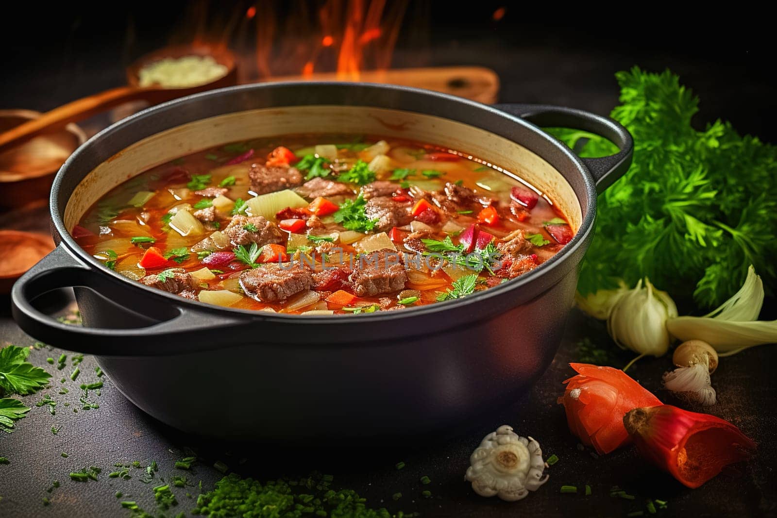 Cooked red soup in a saucepan, borscht. High quality photo