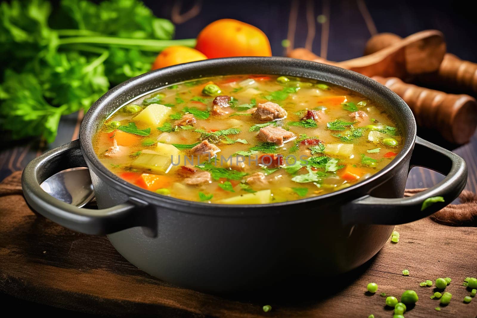 Boiled pea soup in a saucepan with vegetables. High quality photo