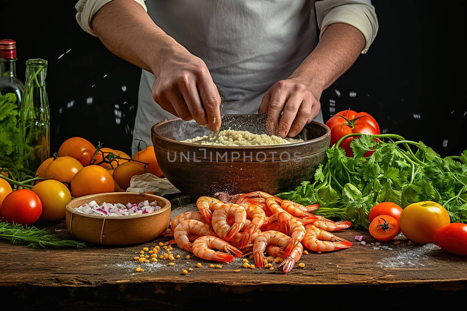 The chef cooks shrimp with spices and vegetables. High quality photo