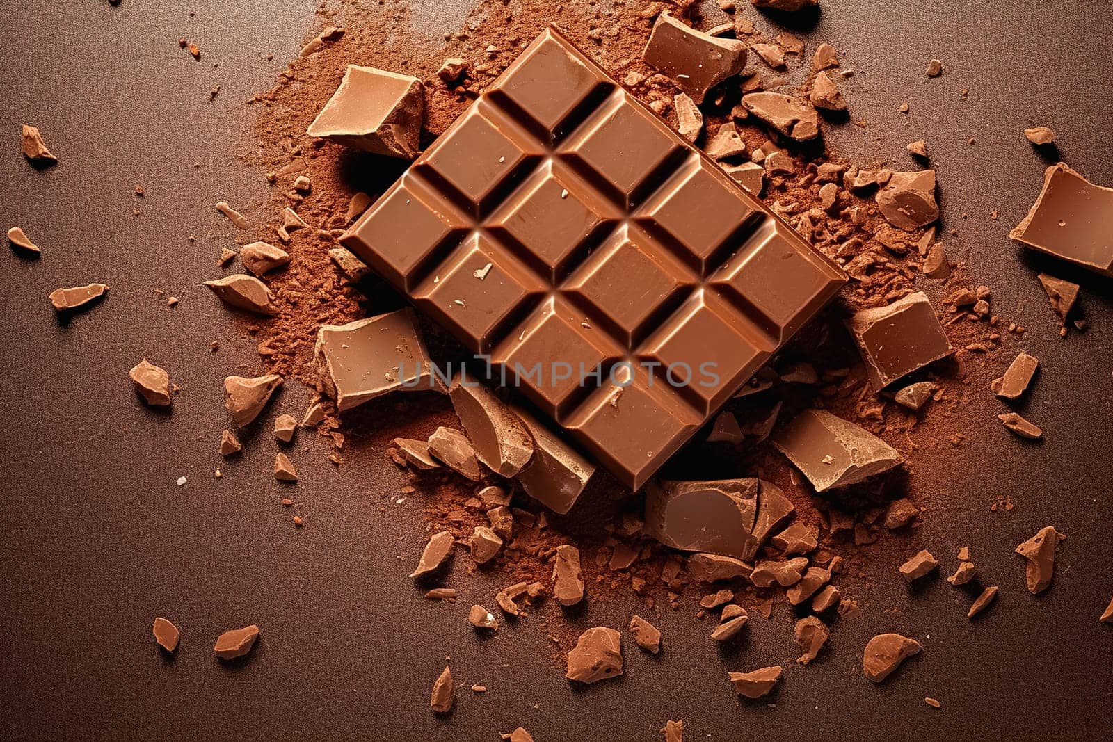 Broken dark chocolate bar. View from above. High quality photo