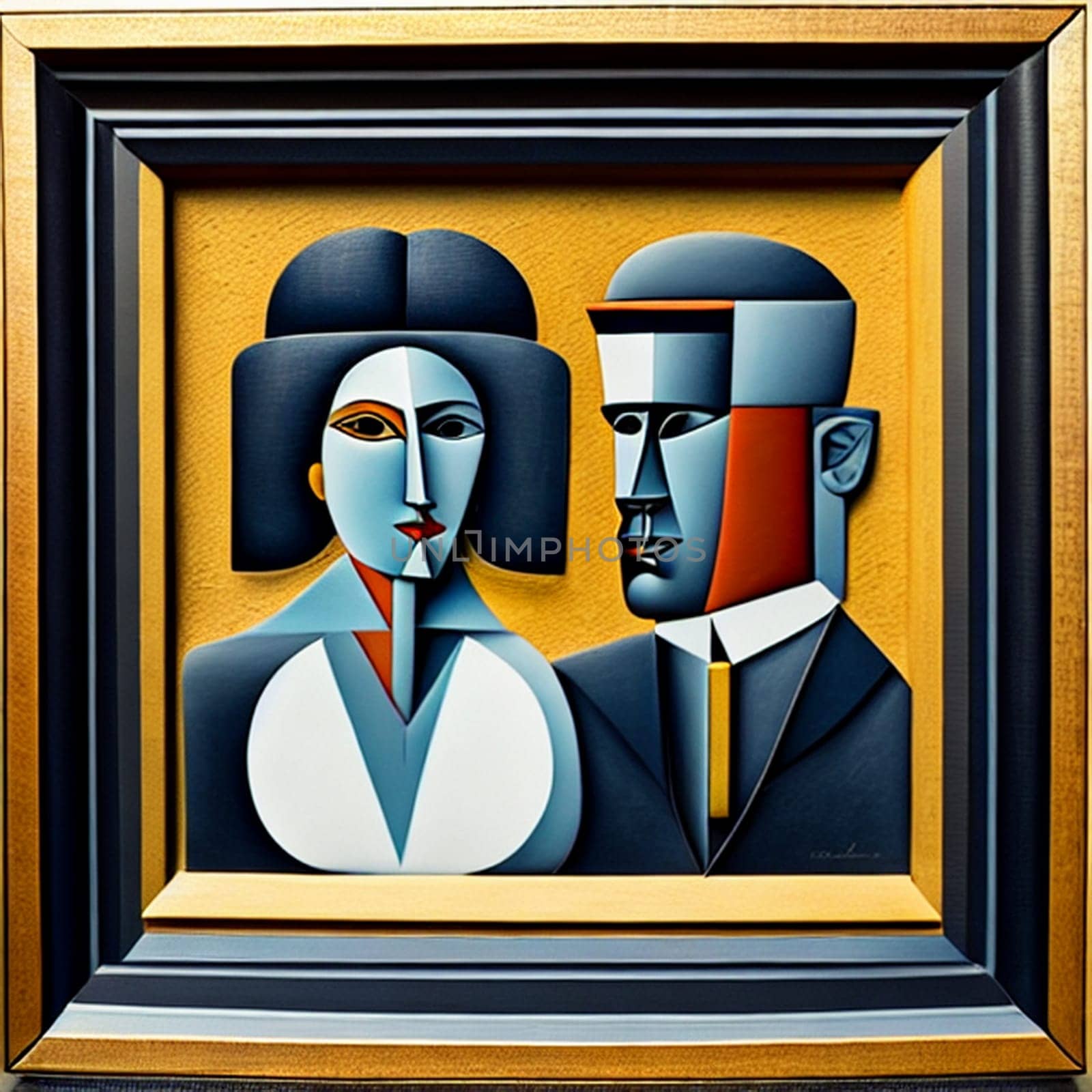 This stunning cubist portrait depicts a man and woman standing side by side, their features reimagined in a mesmerizingly abstract style. The use of AI technology in the creation of this piece adds an exciting element of modernity to an already captivating work of art.